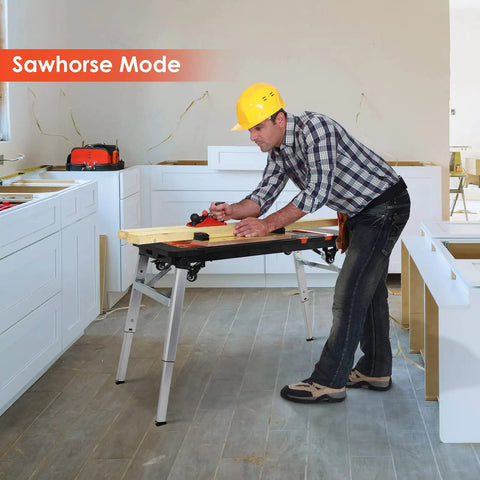Man using All In One Portable Workstation With Power Outlet And Adjustable 20.5 To 31.5 Inch Folding Workbench Table Sawhorse