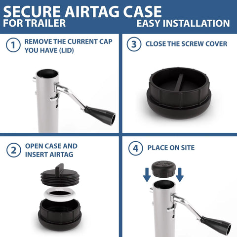 Step-by-step guide for Heavy Duty Discreet Apple AirTag Trailer Jack Mount installation, showcasing components and process.