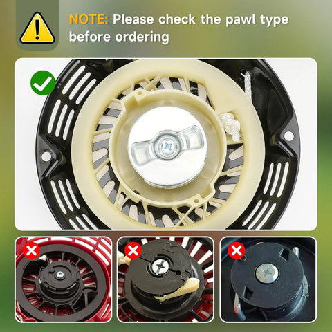 Pull Start Recoil Starter Assembly Replacement For Predator 212cc And 196cc Engines, correct pawl type shown with warning note