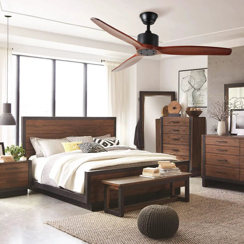 52 Inch Walnut Wood Ceiling Fan With 3 Blades No Light Quiet Reversible DC Motor Indoor Outdoor Remote Control Farmhouse Style in bedroom
