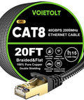 Cat 8 Ethernet Cable 20 Ft Flat, Ultra Fast 40Gbps 2000MHz, Braided SSTP Beefy Heavy Duty LAN Cord with gold plated RJ45 plug