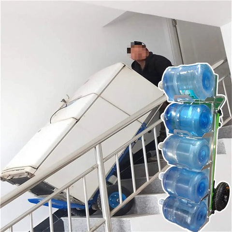 Lightweight Electric Hand Truck Stair Climber With Brushless Motor carries heavy water bottles up stairs effortlessly.