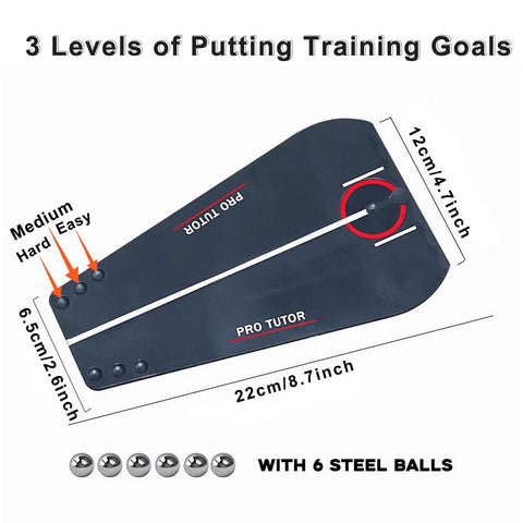 Putting Trainer With Mirror Practice Aid dimensions 22cm x 12cm, includes 6 steel balls for eye line alignment and stroke path coaching.