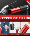 Front view of Fantictas grease gun kit; red aluminum body, black pistol-grip handle, silver fittings and nozzle