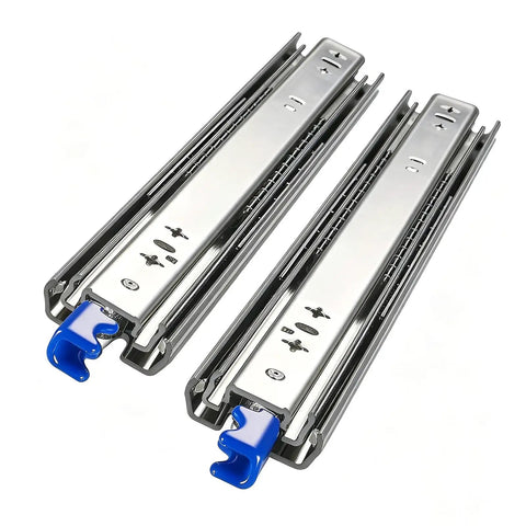 Heavy Duty Drawer Slides With Secure Lock And Full Extension Ball Bearings Side Mount Rails Built Tough For Rv Chests Toolboxes Workbenches And Cabinet Drawers At Fifty Eight Inches Long, shown from above.