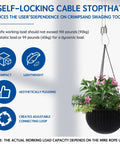 Self-locking cable stop with hanging plant, highlighting compact, lightweight design and adjustable connecting loop for safety.
