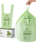13 Gallon Compostable Kitchen Trash Bags With Handles, 49.2L, 30 Count, boxed and in use with food scraps, green color.