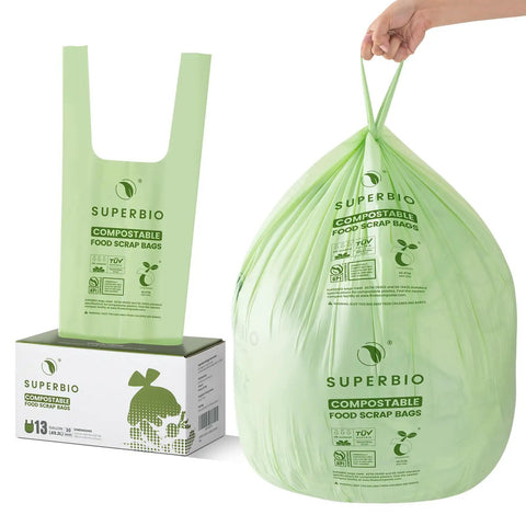 13 Gallon Compostable Kitchen Trash Bags With Handles, 49.2L, 30 Count, boxed and in use with food scraps, green color.