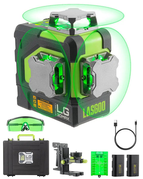 3x360 Degree Green Laser Level With 3D Self-Leveling Cross Lines, two rechargeable batteries, bracket adapter, glasses, case