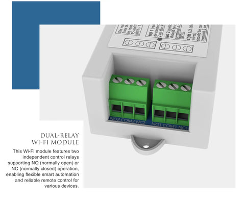 Hassle Free Smart Wifi Module For MS Series Swing Gate Openers EweLink App Control Alexa Google Siri Compatible Two Point Four Ghz Remote Access No Sweat Driveway Upgraded showing dual-relay interface.