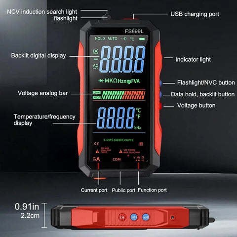 Front view of Workhorse USB C Rechargeable True RMS Multimeter With 6000 Counts showing digital display and side buttons