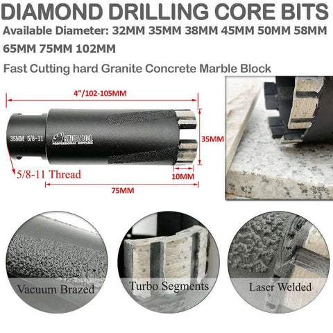 SHDIATOOL diamond drill core bit set, 5 pcs with 5/8-11 thread, diameters 20/25/35/45/65 mm for granite marble.