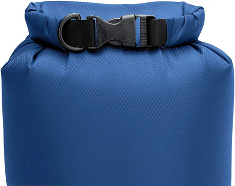 Top view of a blue dry bag showcasing buckle closure, part of Three Pack Waterproof Dry Bags Set 5L 10L 20L Lightweight Airtight Floating Gear Organizer For Kayaking Beach Travel Boating And Hiking Blue Ripstop Nylon Adventure Ready.