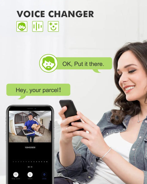 Woman using smartphone with Wireless Doorbell Camera With Chime No Monthly Fees And 1080HD Video Battery Powered Smart Doorbell.