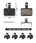 Set of four resin semi-metallic bike disc brake pads with measurements showing size, compatible with M315-M486 models, black.