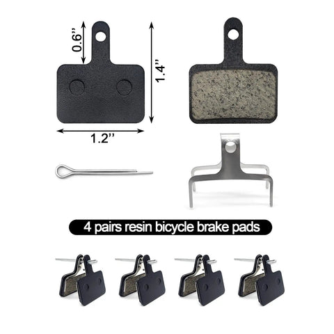 Set of four resin semi-metallic bike disc brake pads with measurements showing size, compatible with M315-M486 models, black.