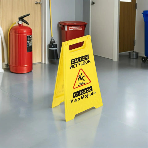 Two Pack Double Sided Folding Wet Floor Caution Signs Bright Yellow A Frame Stands Slip Hazard Markers Heavy Duty Shop Safety Gear For Retail Stores Job Sites Ready Setup