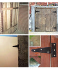 2 Pcs Galvanized T Shaped Gate Hinges, Rust Resistant, 2 Inch Heavy Duty T Strap Hinges installed on various wooden gates and barn doors