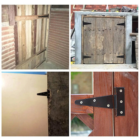 2 Pcs Galvanized T Shaped Gate Hinges, Rust Resistant, 2 Inch Heavy Duty T Strap Hinges installed on various wooden gates and barn doors