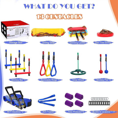 Backyard Kids Slackline Obstacle Course Kit With 65Ft Line And 13 Obstacles, Quick Install Buckles No Threading, 13 obstacles shown