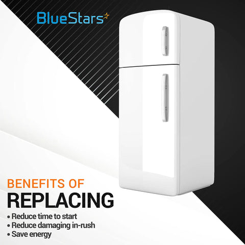 Illustration highlighting benefits of using CSR-U2 Hard Start Capacitor Kit for air conditioners with an image of a refrigerator.