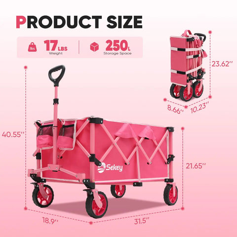 Pink Collapsible Wagon With Heavy Duty Frame 330 Lb Capacity Big All Terrain Wheels And Large 29 In L X 18 In W X 14 In H Storage Foldable Utility Cart With Drink Holders For Groceries Haul Tools Beach Gear