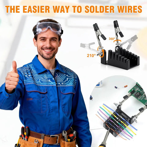 Technician with All Metal Soldering Helping Hands With Two Adjustable Arms Heat Resistant PCB Clamp Stand, smiling, thumbs up