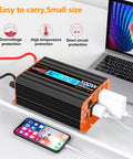 Badass Five Hundred Watt Pure Sine Wave Power Inverter Converts 12V Dc Into 120V Ac For Your Rv Rig Or Off Grid Setup Featuring Type C Port And Bright Lcd Screen Display on table with phone and laptop.