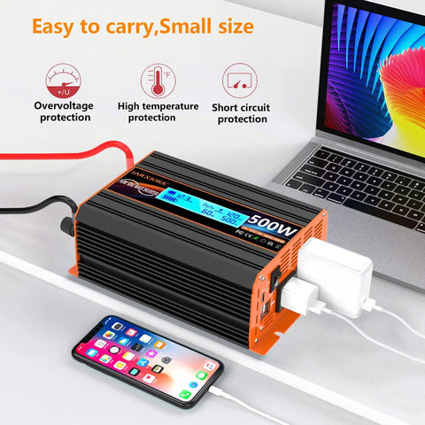 Badass Five Hundred Watt Pure Sine Wave Power Inverter Converts 12V Dc Into 120V Ac For Your Rv Rig Or Off Grid Setup Featuring Type C Port And Bright Lcd Screen Display on table with phone and laptop.