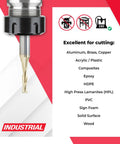 Pro Grade Up Cut Spiral CNC Router Bit Set ZrN Coated Heavy Duty End Mill Tools showing cutting capabilities for various materials.