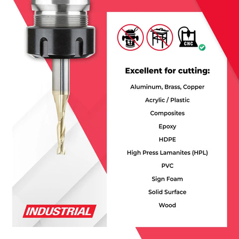Pro Grade Up Cut Spiral CNC Router Bit Set ZrN Coated Heavy Duty End Mill Tools showing cutting capabilities for various materials.