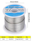 63/37 Tin Solder Wire, 2mm Diameter, 1 Pound Spool With Flux For Electrical Soldering And Repair, showing labels and dimensions.