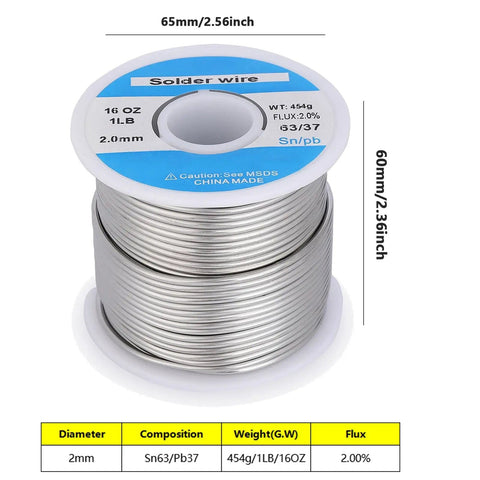 63/37 Tin Solder Wire, 2mm Diameter, 1 Pound Spool With Flux For Electrical Soldering And Repair, showing labels and dimensions.