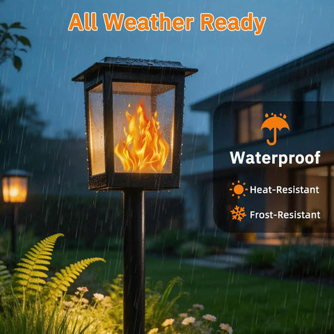 Gen2 Flickering Flame Solar Torch Lights 6 Pack Outdoor Waterproof Garden Decor Lamps in rainy yard with house