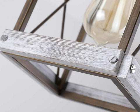 Close-up of Rustic Farmhouse Wood Pendant Light With Metal Cage Shade One Light Adjustable Rods For Kitchen Island Cafe Bar Lighting