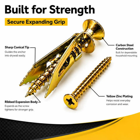 Close-up of 120 Piece Self Drilling Drywall Anchors And Screws Kit With 60 Heavy Duty Steel Anchors with sharp conical tip and screws