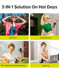 3 In 1 Handheld Fan With 5000mAh Battery shown as neck fan, handheld fan, and table fan configurations