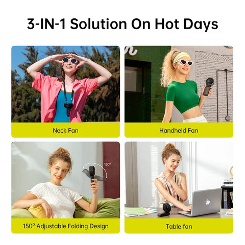 3 In 1 Handheld Fan With 5000mAh Battery shown as neck fan, handheld fan, and table fan configurations