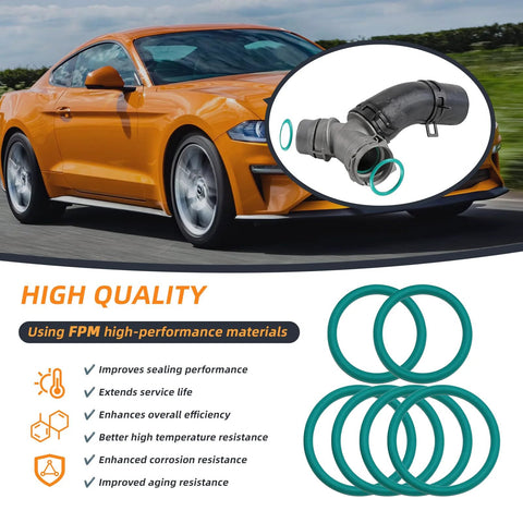 Automotive coolant o-ring seal set for engine radiator hose and T-pipe, teal rings with gray hose connector, six-pack