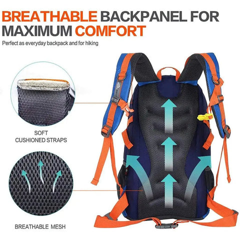 Breathable back panel and cushioned straps of 55L Waterproof Lightweight Hiking Camping Travel Backpack For Men And Women.