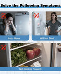 Image displaying symptoms fixed by Universal Refrigerator Condenser Fan Motor 115V 1550RPM 2W Replacement, including loud noise.
