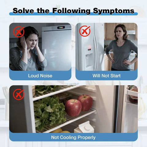 Image displaying symptoms fixed by Universal Refrigerator Condenser Fan Motor 115V 1550RPM 2W Replacement, including loud noise.
