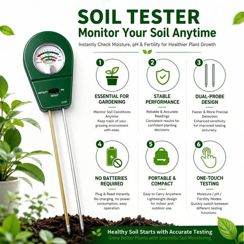 3 In 1 Soil Tester Moisture Fertility And PH Meter For Home Garden Lawn Farm Potted Plants Indoor Outdoor Use No Battery Needed 2-probe