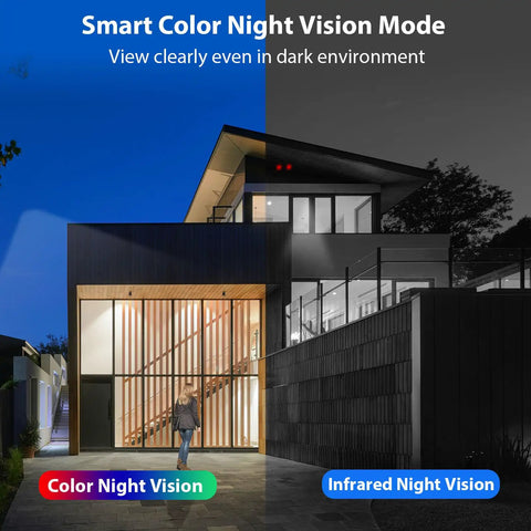 A house showing color night vision and infrared night vision contrast. Solar Battery Powered Wireless Security Camera With 4MP Video And 2.5K Clarity No Wires Needed Outdoor Rechargeable WiFi Cam Color Night Vision Spotlight And Siren Alarm Motion Detection SD Or Cloud Storage Works With Alexa.