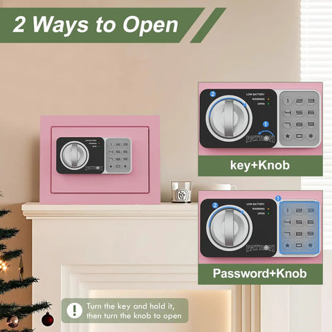 Pink Mini Safe Box With Code And Keys, Small Home Money Safe, coin safe on shelf showing digital password and key access options.