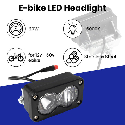 Universal 6000K 20W Waterproof E Bike Headlight Front Light With 2 Pin Connector, plug and play, for 12V-50V systems.