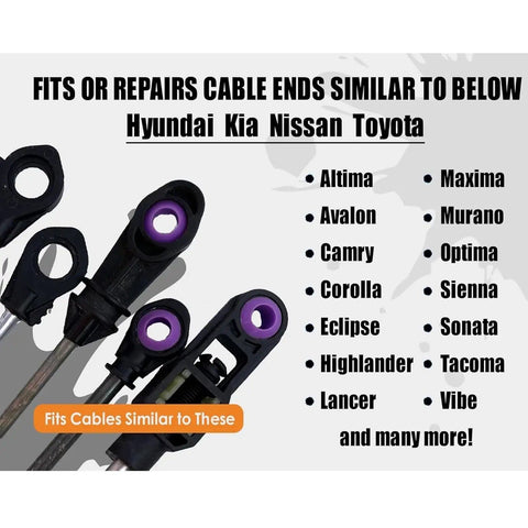Transmission Shift Cable Bushing And Install Tool Kit showing components and compatible car models list including Hyundai, Kia, Nissan, Toyota