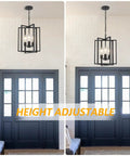 Straight Up Matte Black 3 Light Farmhouse Chandelier With Adjustable Height And Solid Metal Cage Build hanging above a door.