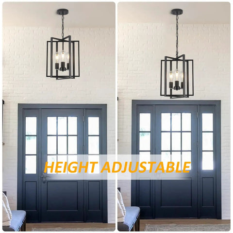 Straight Up Matte Black 3 Light Farmhouse Chandelier With Adjustable Height And Solid Metal Cage Build hanging above a door.