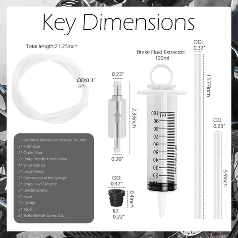 Two Pack Brake Bleeder Kit With One Hundred Ml Syringe And Precision Anti Backflow Valve For Smooth Hydraulic Fluid Extraction Quick Diy Garage Fixes Goes Down Smooth And Tight dimensions and parts overview